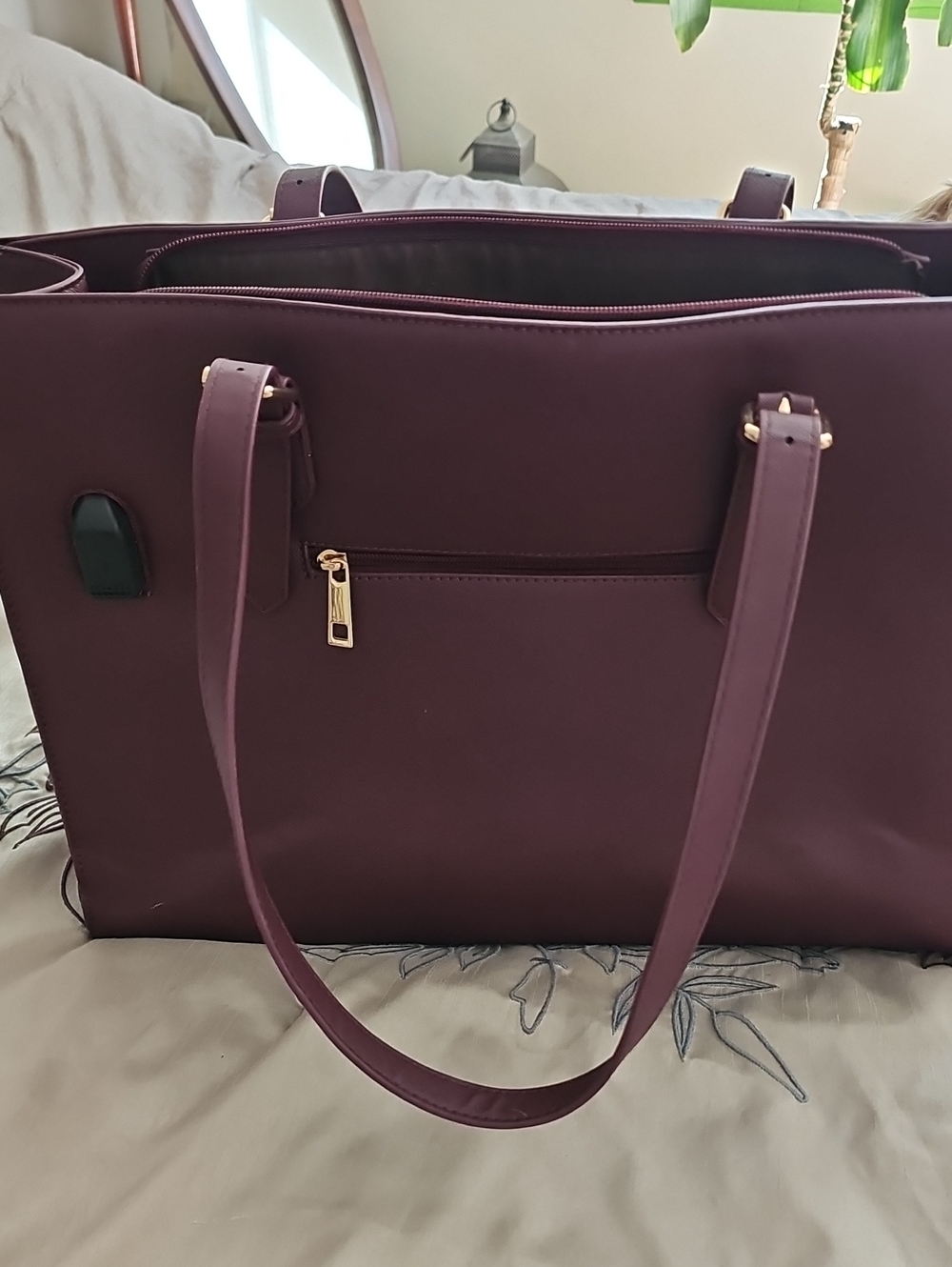 Women's Deep Plum Tote with Gold Accent Hardware
